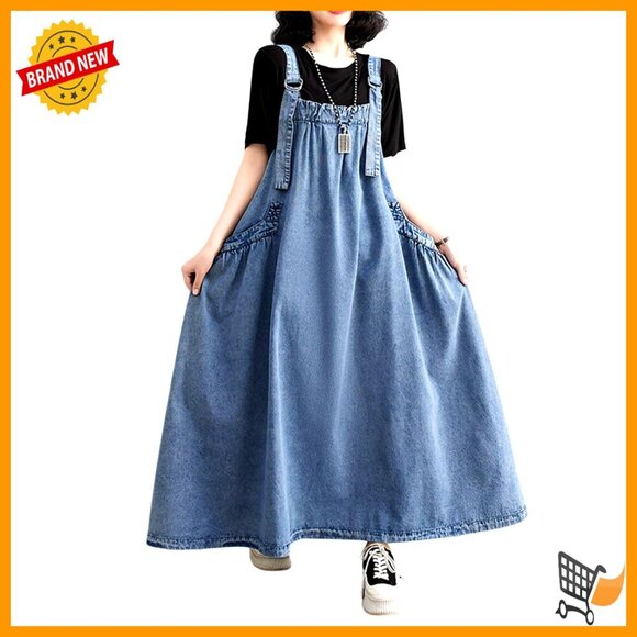 Other - Loose Denim Jumper Dress with Adjustable Straps and Pockets